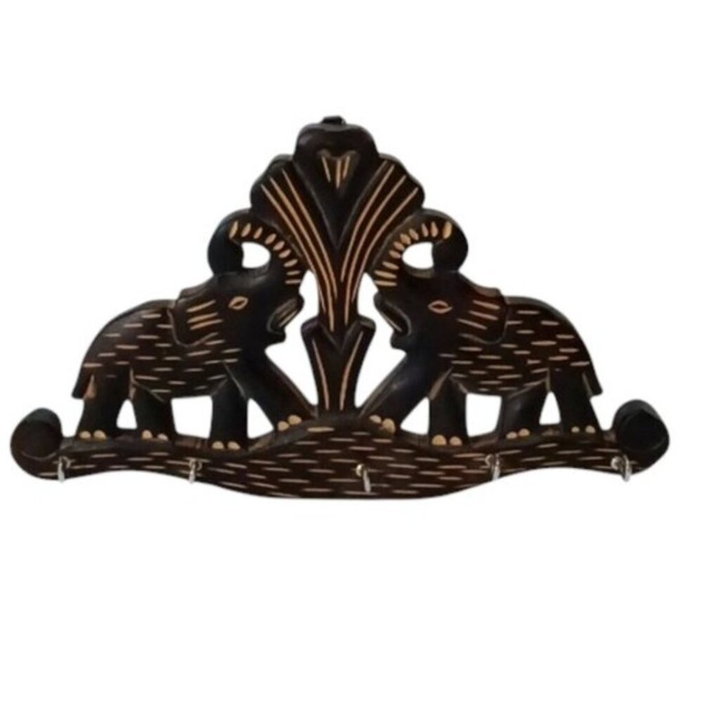 Vintage Hand Carved Two Wooden Elephants w/Tree 5 Key Hanger Made in India